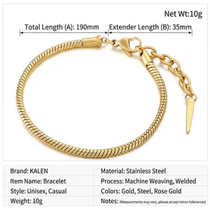 Detail of 3mm gold snake chain bracelet with dimensions and 35mm extension link