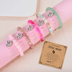Pink Zebra Stone beaded bracelet with baby footprint charm and new mom blessing card