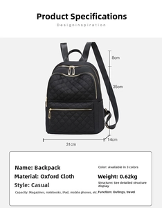 Detail view of Oxford cloth backpack with quilted rhombic pattern and size specs