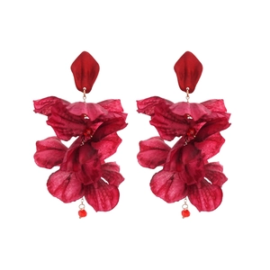 Deep red fabric flower tassel earrings with zircons and pearls on white background