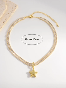 Close-up of gold star pendant necklace with rectangular zircon stones and 32cm chain