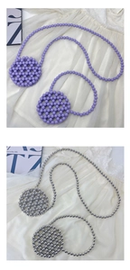 Handmade beaded crossbody mini bags in purple and silver beads on soft fabric