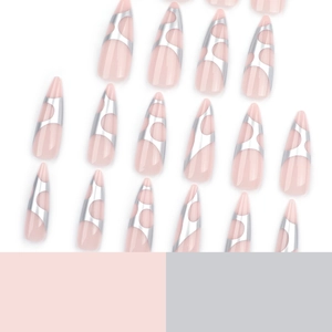 Pink almond fake nails with silver mirror round patterns and French style tips