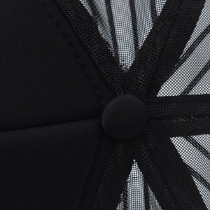 Close-up of the black mesh cap top button showing detailed stitching and breathable fabric