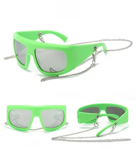 Detailed views of neon green Y2K sunglasses with silver lenses and metal chain