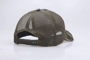 Detail of army green breathable mesh and adjustable plastic buckle on camouflage trucker hat