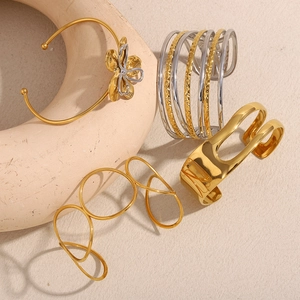 18K gold plated stainless steel floral bangles and textured layered bracelets set