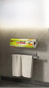 Detail of gun grey multi-functional kitchen rack for paper towels and plastic wrap