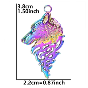 Detailed dimensions of a multi-colored stainless steel wolf head pendant for DIY jewelry