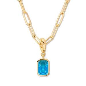 18K gold plated paperclip chain necklace with a rectangular blue gemstone teardrop pendant