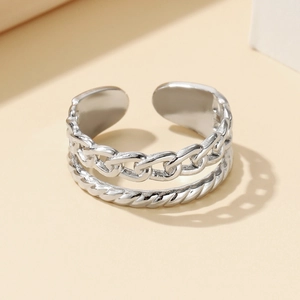 Adjustable stainless steel curb chain and twisted rope double layer open ring in silver