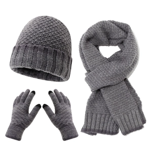 Winter men's 3-piece set with dark grey knit hat, scarf and touchscreen gloves