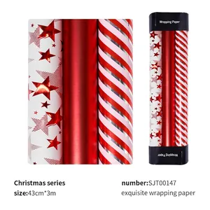 Christmas gift wrapping paper set with red stripes and star patterns 43cm x 3m rolls