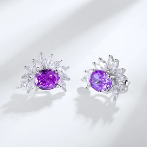 925 silver stud earrings with 3x5mm oval purple stones and white sparkling crystals