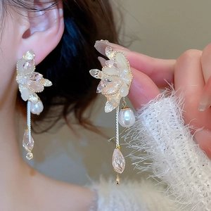 Exquisite crystal flower earrings with pearl accents and pink teardrop fringe dangles