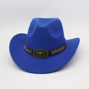 Classic royal blue western cowboy hat with brown leather band and bull head buckle
