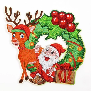 Detailed view of DIY 5D diamond painting Christmas wreath with Santa and reindeer