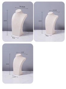 Three sizes of velvet necklace bust displays in beige with detailed dimensions and specs