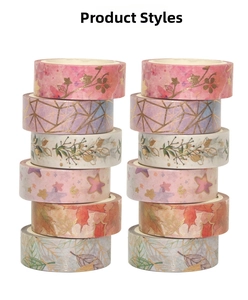 Detail view of 12 rolls washi tape set featuring floral patterns and gold foil accents