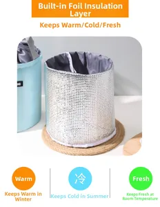 Detail view of the thick silver aluminum foil insulation layer inside the blue lunch bag