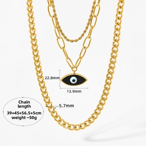 Detailed size chart of triple-layer gold Evil Eye necklace with chain lengths and weight