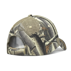 Detail view of the camouflage baseball cap showing the adjustable velcro back strap closure