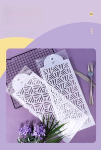 Detailed view of individual packaged stencil for cake decorating and coffee art