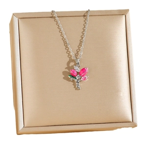 Elegant tulip flower bouquet necklace with pink enamel and sparkling zircon accents