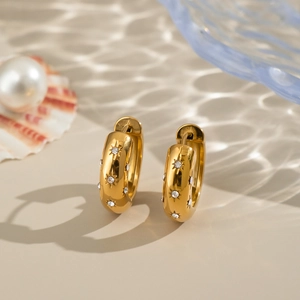 Classic C-shaped 18K gold plated stainless steel hoop earrings with star-set zircon