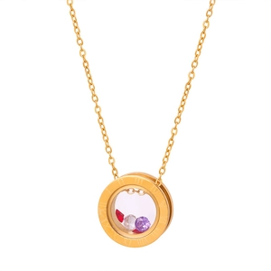 Golden Roman numeral circle pendant necklace with floating colorful zircon stones
