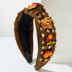 Serre-tête de Thanksgiving avec feuilles d'érable et strass sur velours côtelé marron