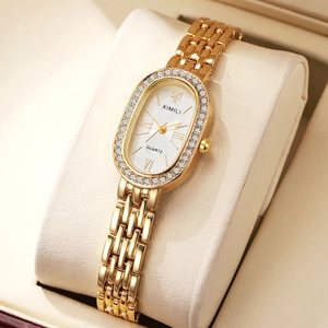 Women Quartz Watch Oval Rhinestone Inlaid Water Resistant Fashion Elegant Alloy Metal Chain Strap Timepiece