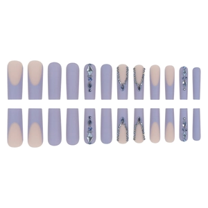 French style lavender press-on nails with glitter sequins and rhinestones set of 24