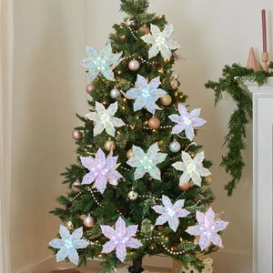Iridescent LED Christmas star flower ornaments glowing on a festive Xmas tree in a cozy room