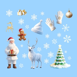 Detailed 3D elements of snowman, reindeer and gingerbread man on blue background