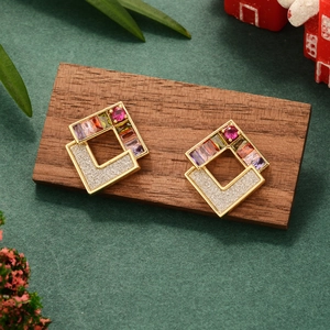 Square gold earrings with colorful rectangular gems and pavé diamonds for Christmas