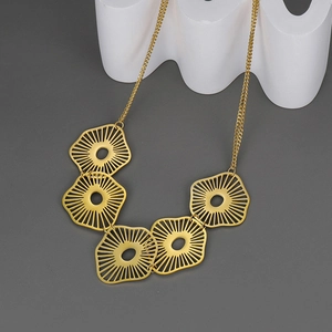 Exaggerated geometric hollow gold titanium steel necklace with irregular floral charms