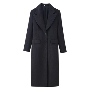 Elegant dark grey long wool coat with notched lapels and single-breasted design