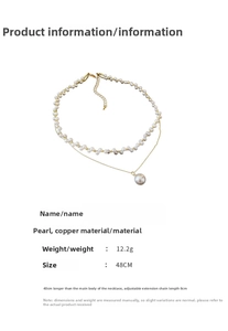 Detail view of double-layer pearl necklace with copper pendant and adjustable chain