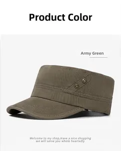 Detail of army green flat top cap featuring metallic star rivets on durable twill cotton
