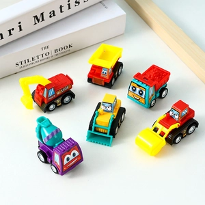 Top view of six colorful cartoon construction toy trucks for kids with cute round shapes