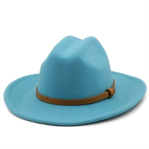 Classic light blue wool fedora hat with a brown woven leather band on white background