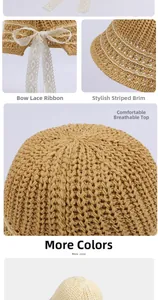Close-up of hollow knit straw sun hat featuring elegant lace ribbons and striped brim texture