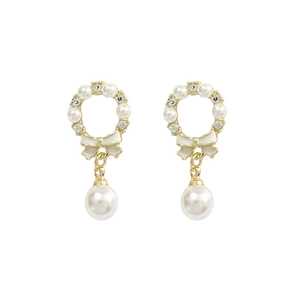 Elegant 925 silver needle pearl bow drop earrings featuring gold hoops and waterdrop pearls
