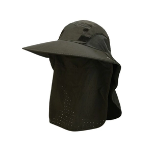 Detail of olive green outdoor sun hat with breathable mesh and neck protection curtain