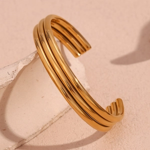 Minimalist Stainless Steel Three Layer Tube Open Cuff Bracelet For Women 18K Gold Plated Smooth Geometric Fashion Jewelry