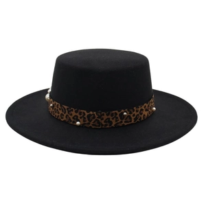 Elegant black wool felt boater hat with leopard print ribbon and white pearl accents