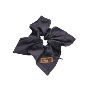 Dark grey denim fabric hair scrunchie with bear leather label and black ribbon bow