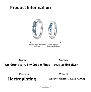 Detail view of Van Gogh Starry Night silver rings showing width and weight specifications