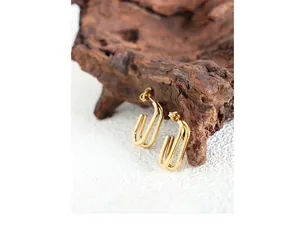 Close-up of golden geometric double oval earrings displayed on a piece of rustic wood